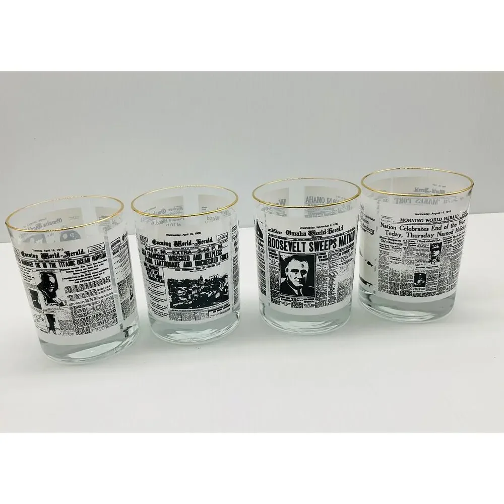 Vintage Omaha World Herald Historic Headlines Whiskey Glasses Set of 4 Gold Rim
